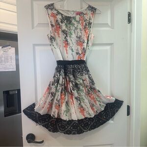 Betsey Johnson Floral Midi Dress with Black Lace Trim